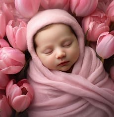 Sleeping newborn baby wrapped in pink blanket surrounded by soft pink flowers