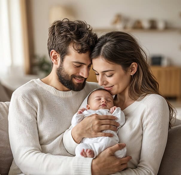 Happy parents holding newborn baby at home – family care, postnatal health and newborn wellness