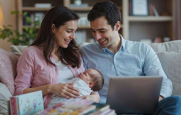 Young parents using laptop while holding newborn baby at home, modern family life