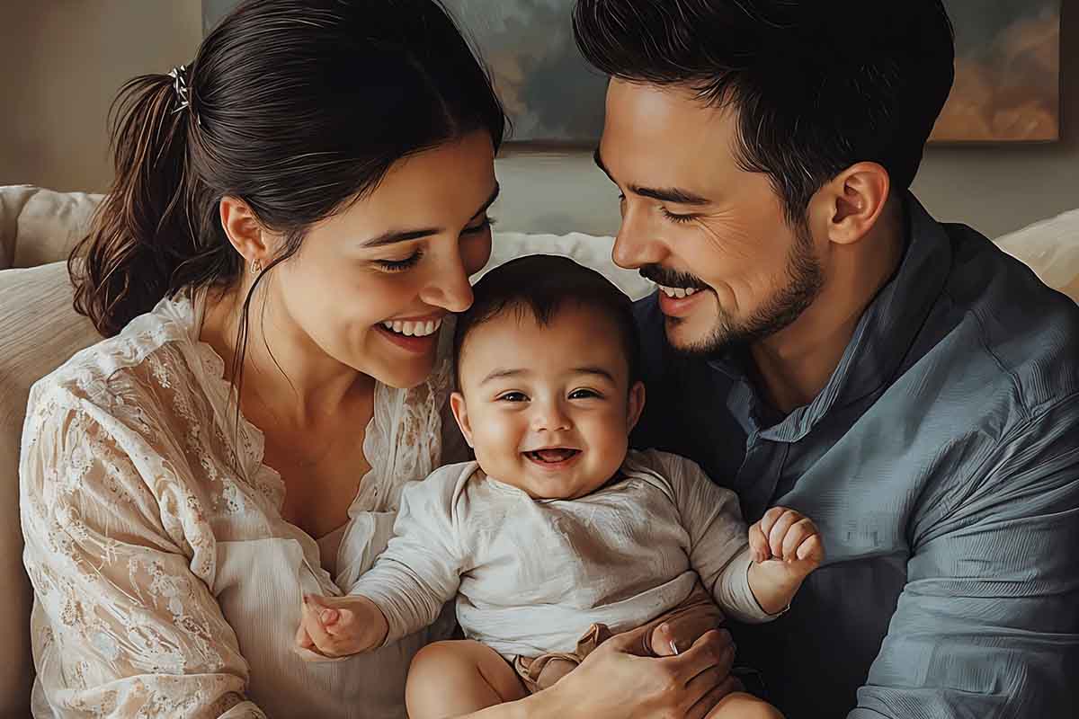 Smiling parents holding happy baby on sofa, joyful family bonding moment at home