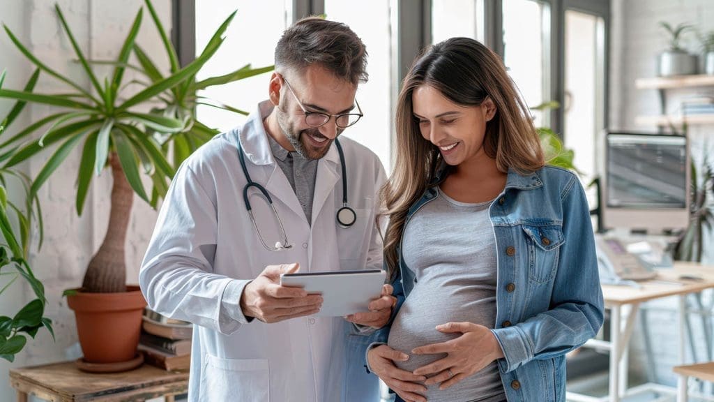 Doctor showing tablet results to pregnant woman during prenatal visit