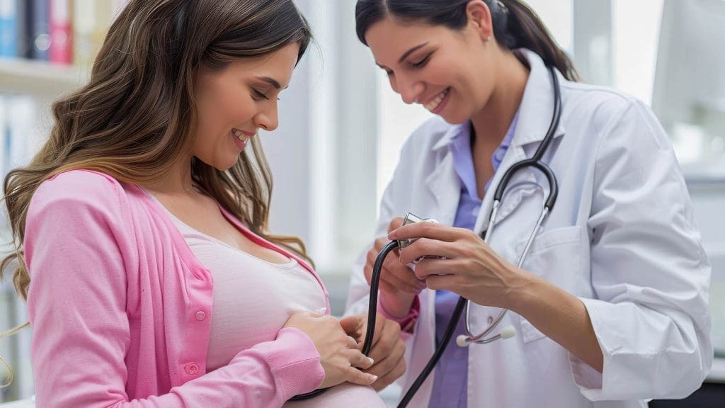 Doctor checking pregnant woman’s belly with stethoscope