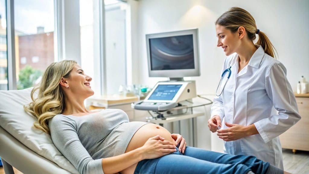 Pregnant woman having prenatal checkup with doctor