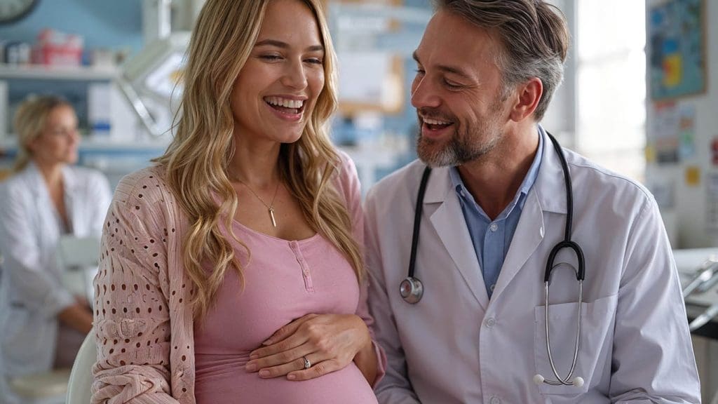 Pregnant woman smiling during prenatal checkup with doctor in clinic
