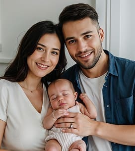 Happy young couple holding their sleeping newborn baby, smiling parents with infant at home