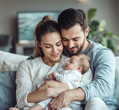 Happy young parents holding their newborn baby at home, family bonding moment