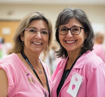 Two female healthcare workers in pink uniforms smiling in a clinic setting