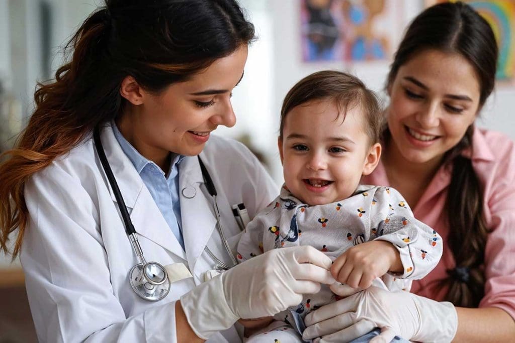 Pediatrician examining a smiling toddler while the mother looks on